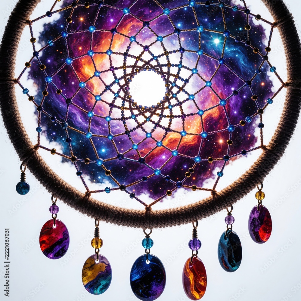 Fototapeta premium Colorful dreamcatcher with galaxy nebula pattern inside web. Mystical cosmic ornament features bright stars, cosmic dust. Hanging decorative beads with space colors adorn bottom of bohemian charm.