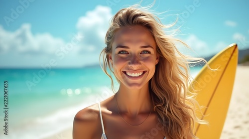 Smiling young Caucasian woman with long blonde hair at the beach holding a yellow surfboard.