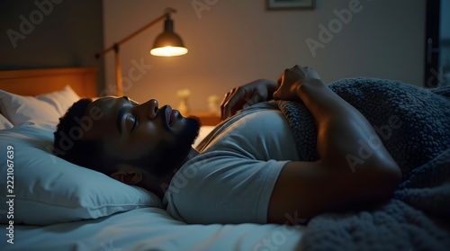 A young Black man peacefully sleeping in a cozy bedroom, draped in a soft blanket under warm lighting.
