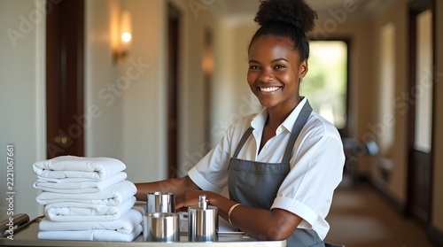 Smiling Black female hotel staff member prepares for service with towels and toiletries.