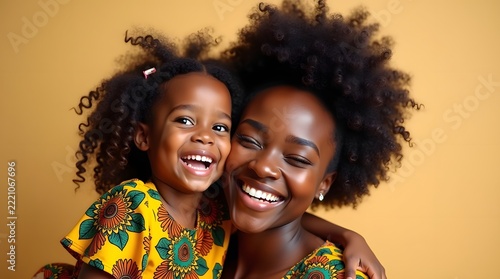 A joyful Black mother and daughter share a warm embrace, both wearing vibrant matching outfits with sunflower patterns.