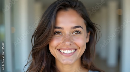 Smiling young woman with long, wavy brown hair and glowing skin in a bright, modern setting.