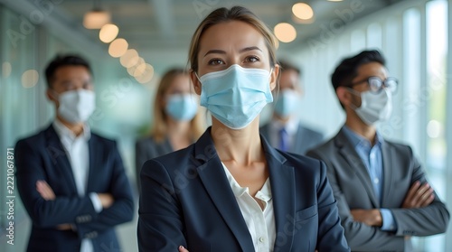 Confident businesswoman in a suit and mask stands forefront of her team, embodying professionalism and resilience.