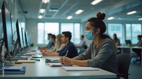 A young Asian woman in a gray sweater attentively studying in a classroom while wearing a mask.