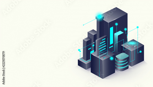 Isometric Data Infrastructure and Connected Server Systems on White Background