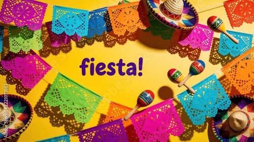 Colorful Mexican fiesta decorations on bright yellow background. Traditional papel picado banners, sombreros, maracas create festive mood. Vibrant party elements celebrate Mexican culture, Cinco de