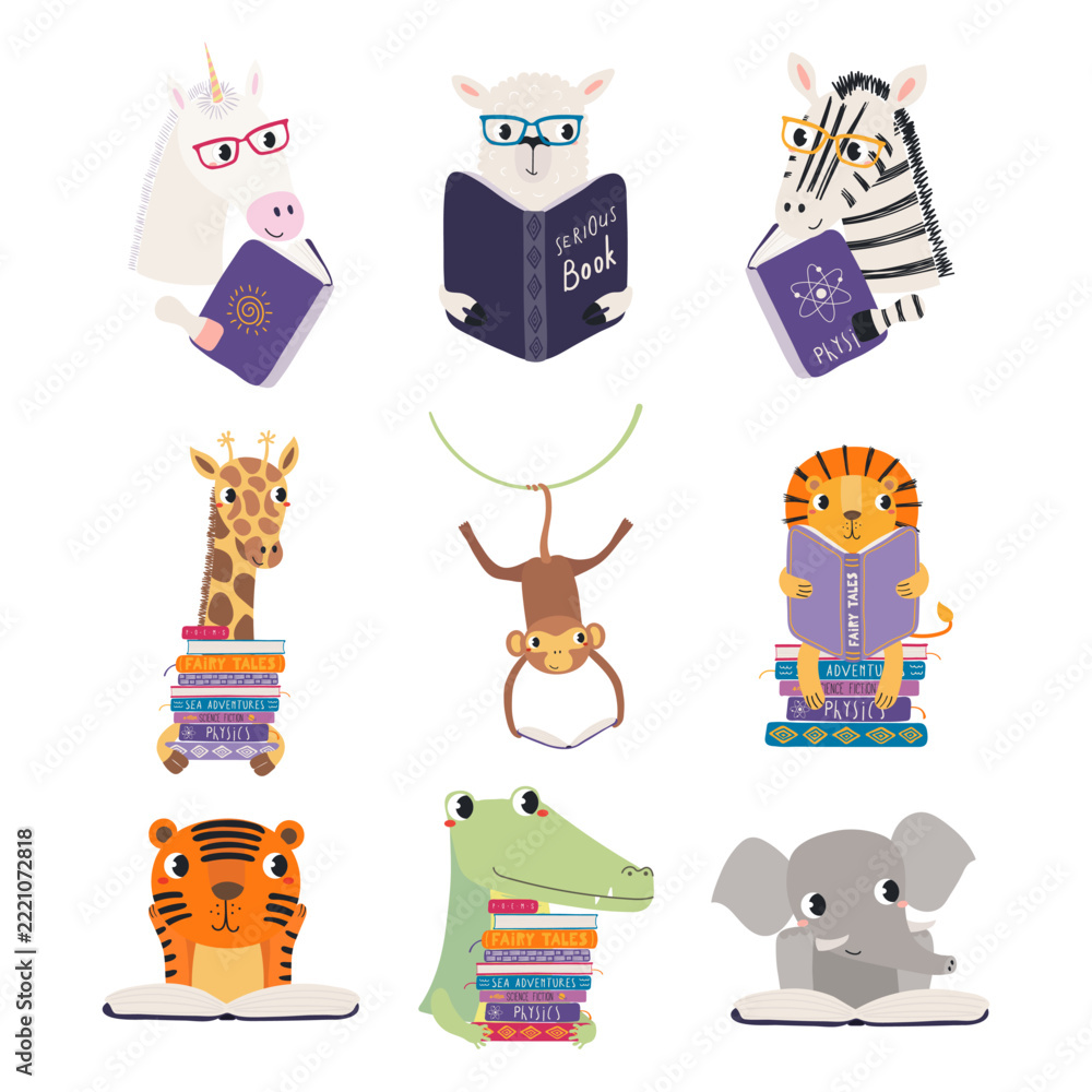 Fototapeta premium Cute animals reading books illustration isolated. Friendly playful cartoon characters. Whimsical kid, nursery print design, clip art element. Hand drawn vector. Back to school, education, library