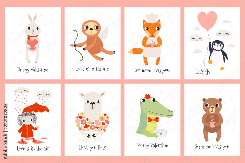 Fototapeta premium Cute animals Valentines day cards with hearts, flowers, set. illustration Friendly playful cartoon characters. Whimsical kid, nursery print design Hand drawn vector illustration. Love and friendship