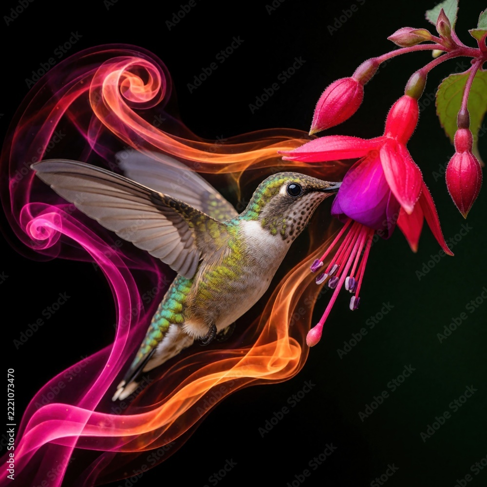 Naklejka premium Colorful hummingbird flies near bright pink fuchsia flower. Artistic glowing swirls of orange, pink light surround small bird. Tropical wildlife nectar feeding scene with magic motion effect, surreal