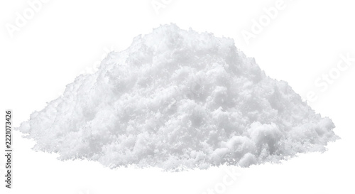 A large mound of fresh white snow isolated on a clean white background for winter design projects