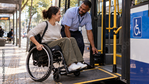 A wheelchair user boarding public transport.