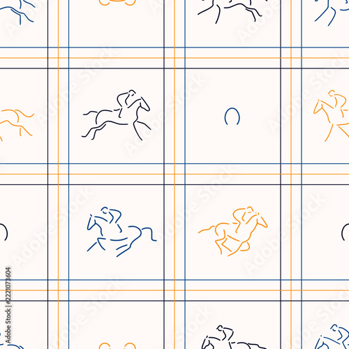 Seamless geometric pattern featuring minimalist line art of horse racing with jockeys riding galloping horses