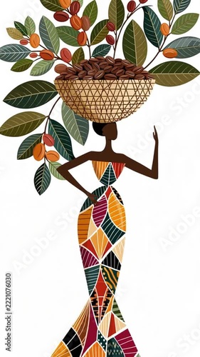 Flat design of an elegant African woman in a beautiful dress, carrying a basket of coffee beans on her head; isolated on a white background.