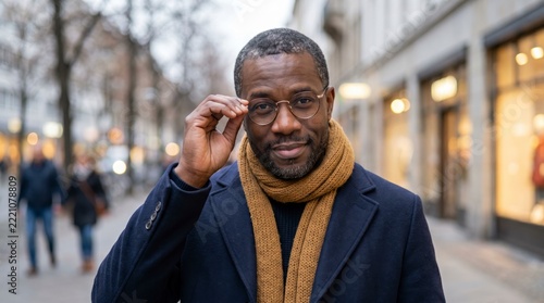 Confident mature man adjusting round glasses in wool coat and mustard scarf on city street