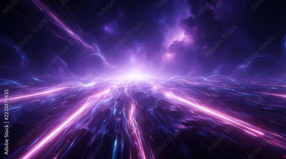 Fototapeta premium Abstract cosmic background with glowing light trails, deep ultraviolet hues. Dynamic motion lines move through mystic space towards bright light source. Dreamlike purple nebula clouds float in dark