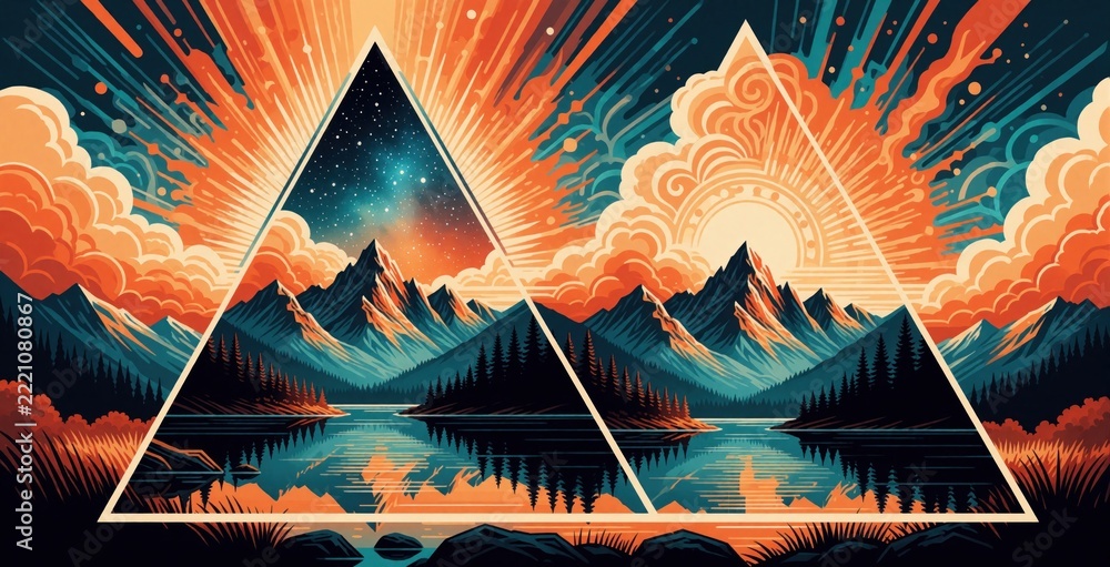 Fototapeta premium Abstract art shows mountain landscape inside two large triangles. Sun rays burst through clouds over lake, forest. Colorful cosmic sky meets sunrise over peaks. Geometric nature design with pine