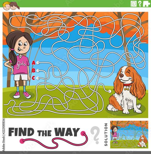 find the way maze puzzle with cartoon girl and puppy