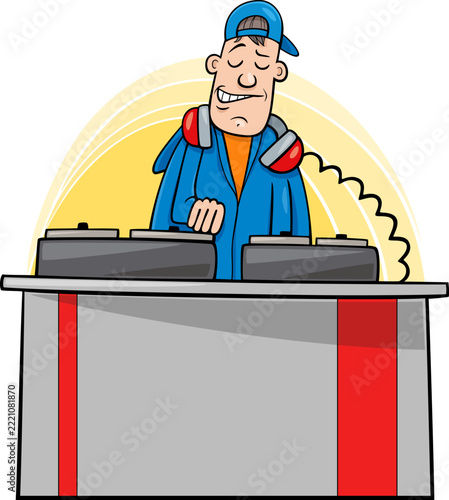 cartoon DJ character at the mixing console