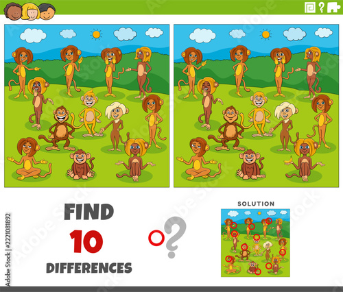 differences puzzle with cartoon monkeys animal characters group