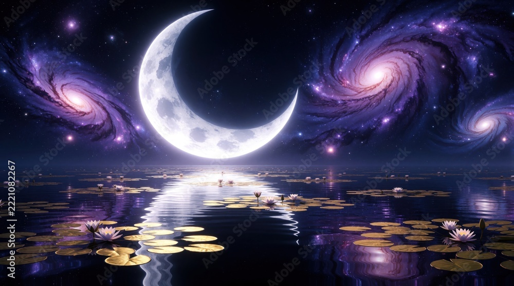 Fototapeta premium Giant crescent moon glows above calm dark lake with water lilies. Purple galaxy spirals, cosmic nebula swirl in night sky. Surreal fantasy landscape with stars, milky way reflected in peaceful water