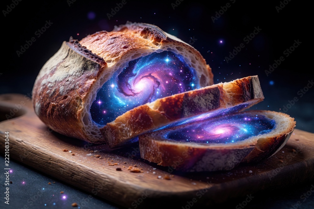 Fototapeta premium Surreal sliced bread loaf glowing cosmic galaxy, starry nebula inside. Magic space universe hidden in fresh bakery bread on wooden board. Creative fantasy food concept with blue, purple light in dark