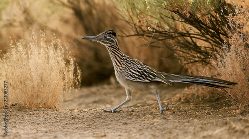 Striped Bird Walking in a Dry Grassland