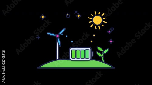 Animation of a wind turbine generating power to charge a battery. Sun shines brightly, stars twinkle, and a small plant grows. Concept of renewable energy and eco-friendly power.