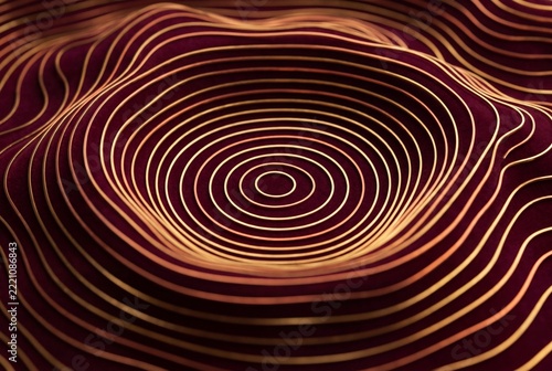 An abstract visualization of a hypnotic wave pattern, featuring concentric golden rings flowing across a rich, textured crimson surface, creating a sense of depth and mesmerizing motion.