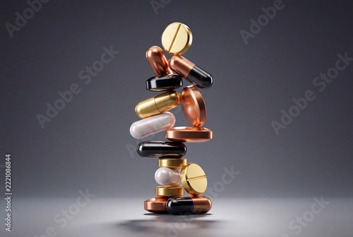 A precarious tower of assorted medicinal pills and capsules stands tall, symbolizing the complex and often delicate nature of healthcare.