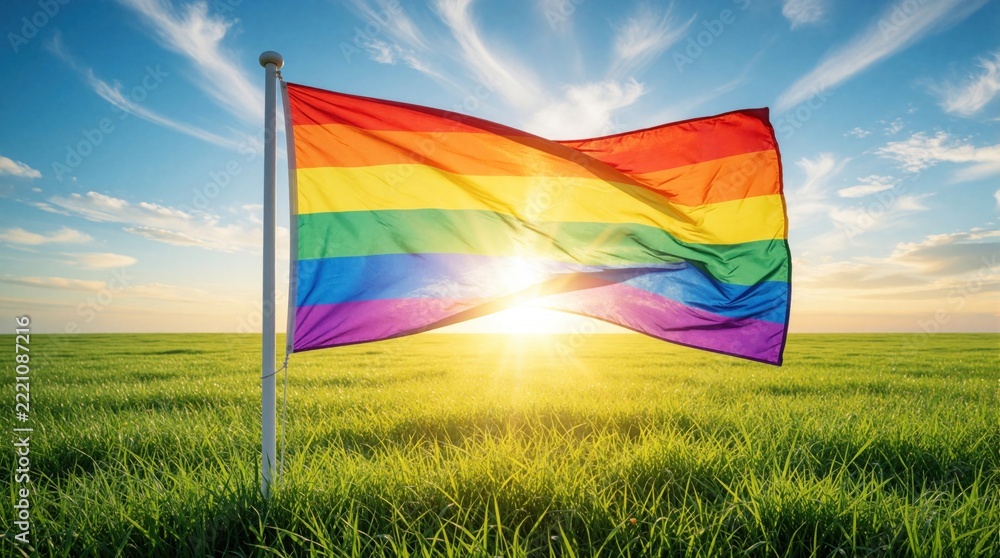 Naklejka premium Vibrant rainbow pride flag waves on pole in rich green field. Colorful LGBTQ flag flies under blue sky with sun rays. Symbol of equality, diversity in beautiful nature landscape during summer day.