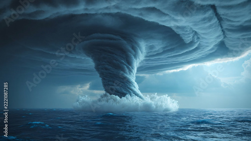 Massive ocean tornado known as a waterspout spinning beneath dark storm clouds