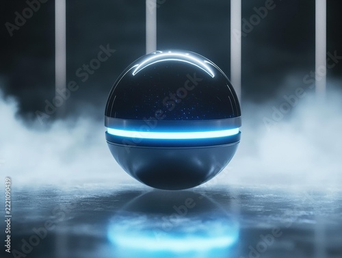 A futuristic sphere with glowing blue lights and wisps of smoke sits on a reflective surface. AI.