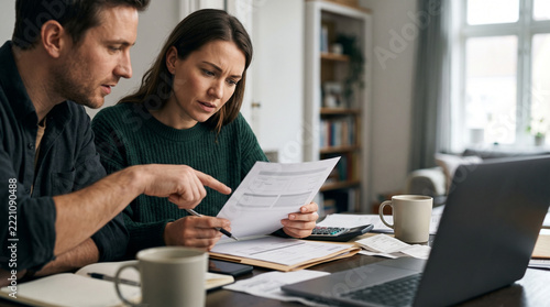 Young couple reviewing financial documents at home office  