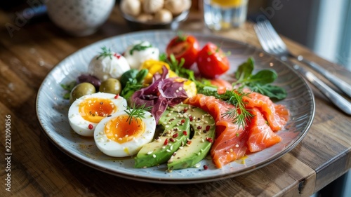 Scandinavian cuisine. Smoked salmon breakfast plate. A plate with slices of lightly salted salmon, halves of boiled eggs, avocado, cherry tomatoes, and mozzarella cheese.