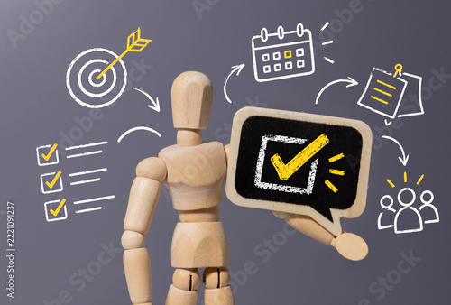Task Completion and Goal Achievement Concept with Wooden Mannequin, Checkmark and Hand Drawn Productivity Icons.