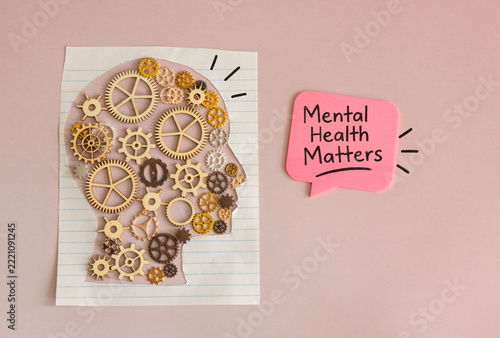 Mental Health Matters Awareness Concept with Human Head Silhouette, Gears and Pink Speech Bubble.