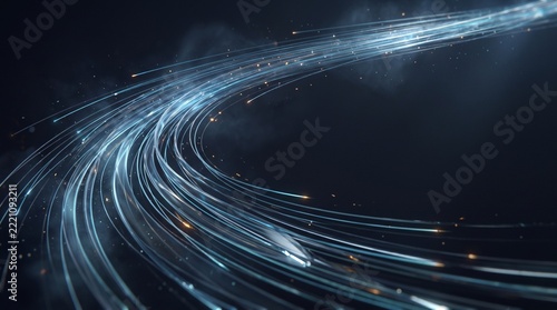 Curving blue light trails sweep across a dark starry background