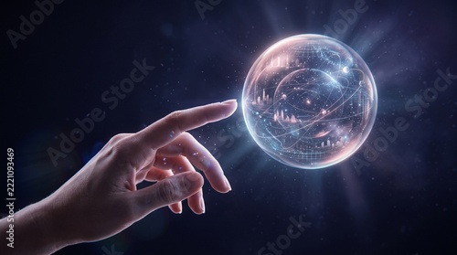 Hand Reaching Toward a Glowing Digital Sphere with City Data