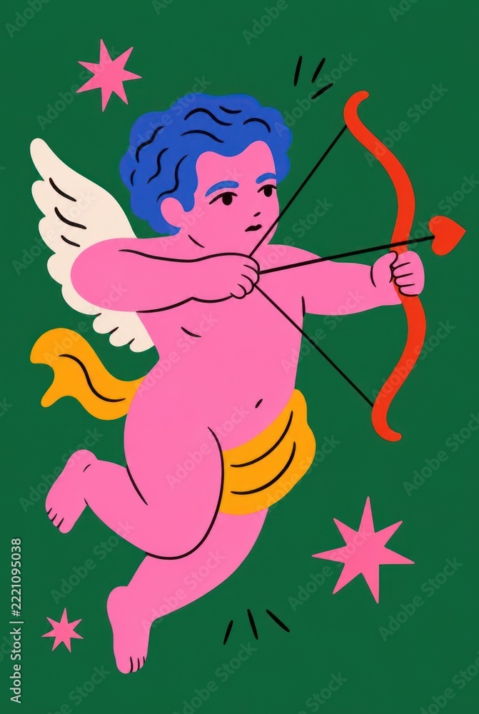 Fototapeta premium A vibrant, colorful vector illustration of a pink cupid flying with wings, aiming a red bow and arrow against a dark green background with pink stars.