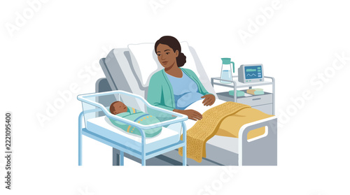 Mother and Newborn Baby in Hospital Bed with Medical Equipment