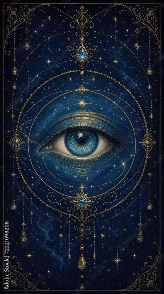 Fototapeta premium Mystical blue eye with gold celestial designs, perfect for mobile wallpaper.