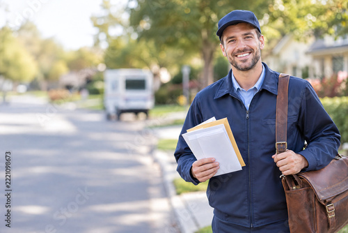 Smiley Postman Medium Shot Mail Delivery Van Envelope Portrait