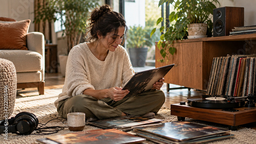 Woman Browsing a Vinyl Record Collection in a Warm Modern Living Room