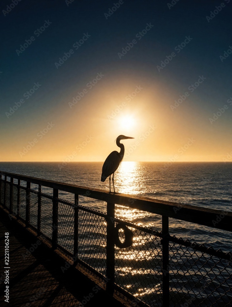 Fototapeta premium Silhouette of great blue heron standing on wooden pier at sunset. Large wild bird watches ocean waves under bright golden sun. Peaceful coastal nature scene with calm sea, backlight sun rays during