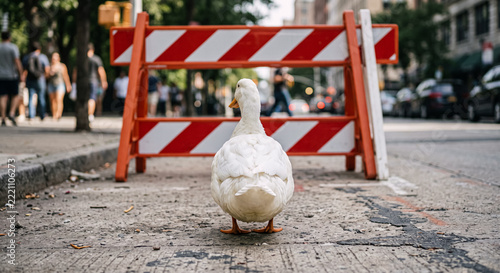 Domestic White Duck Standing in Front of Roadblock on City Street