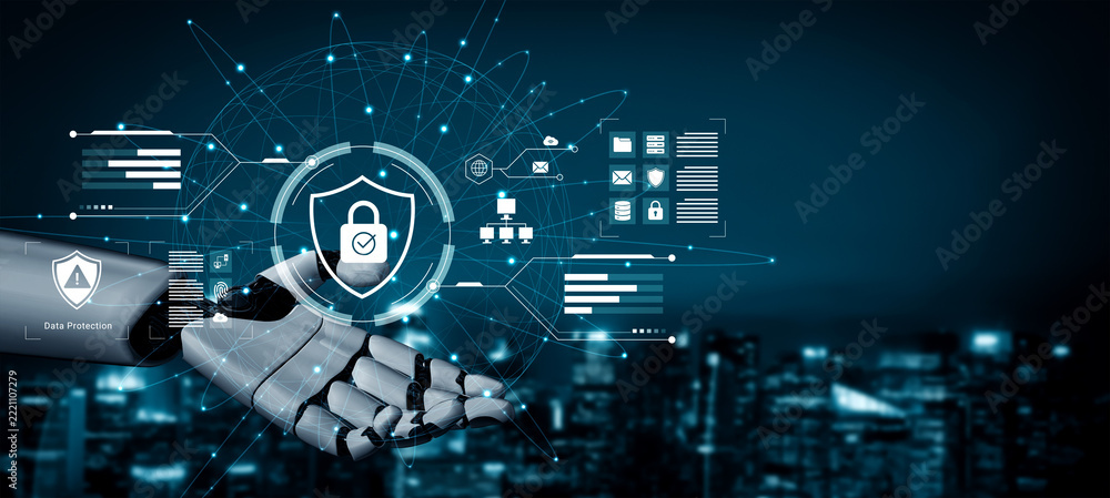 Fototapeta premium A robotic hand extends to symbolize cutting-edge digital security solutions against cyber threats, set against a modern urban backdrop representing data protection advancements. Cyphers