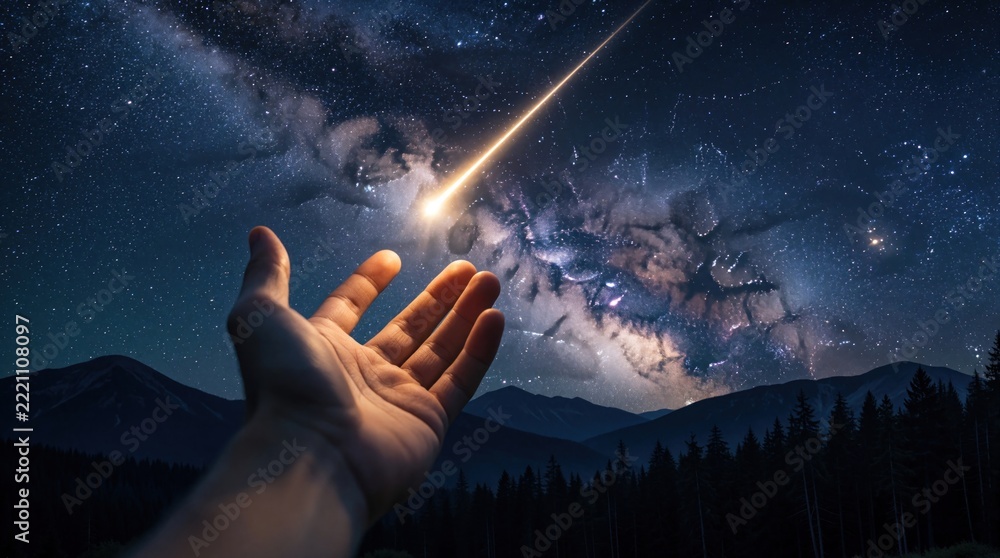 Fototapeta premium Human hand reaches for bright falling star in night sky. Person tries catch shooting star above mountain forest under milky way galaxy. Magical moment of hope, dreams, inspiration during meteor