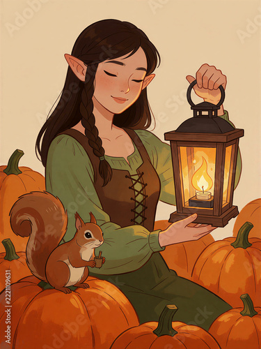 Young woman holding lantern with tiny squirrel among pumpkins