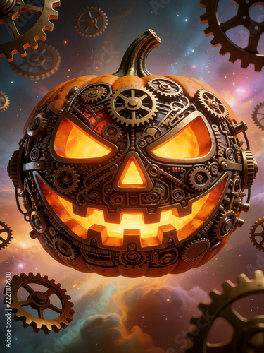 Surreal steampunk mechanical glowing jack o lantern face