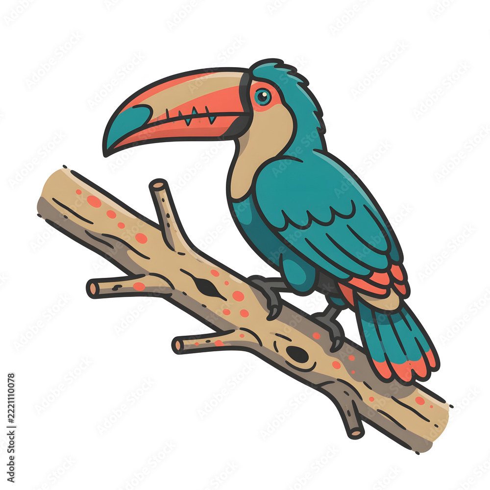Fototapeta premium Cartoon Toco Toucan Perched on Tree Branch with Teal Feathers Isolated on White